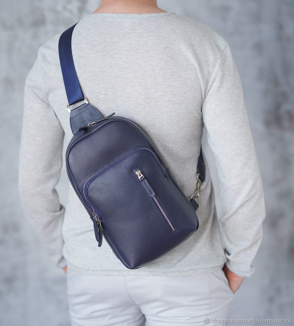 Men's leather sling bag 'Kortez' (dark blue), Men\\\'s backpack, Yaroslavl,  Фото №1