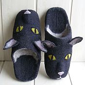 Обувь ручной работы handmade. Livemaster - original item Felted slippers Black cat with leather sole.. Handmade.