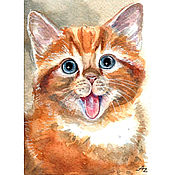 Картины и панно ручной работы. Ярмарка Мастеров - ручная работа Pintura gato Acuarela 10 x 14 divertido gato Retrato gato. Handmade.
