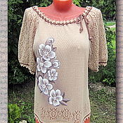 Блузка летняя,вязаная с росписью ручной работы