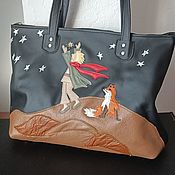 Bag leather Women's Bag with Irises applique black