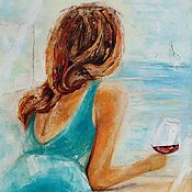 Картины и панно handmade. Livemaster - original item Painting Girl with a glass of wine at the window sea oil palette knife blue. Handmade.