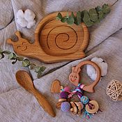 Работы для детей, handmade. Livemaster - original item A gift for the birth of a baby Snail (rattle, plate, spoon). Handmade.