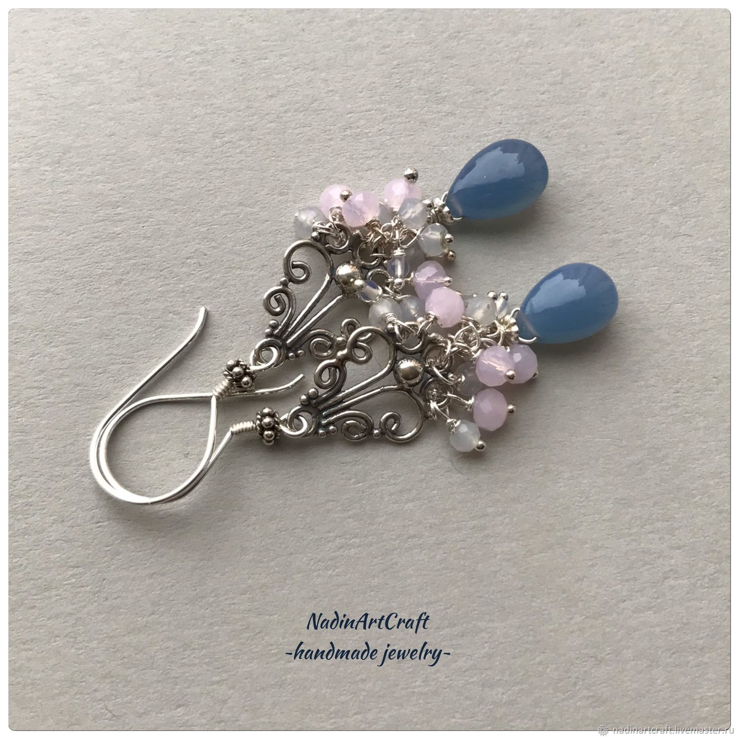 Серьги серебро 925 с розовым кварцем и голубым халцедоном в интернет ...