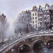 Картины и панно handmade. Livemaster - original item Painting cityscape Winter, Amsterdam (gray-brown houses). Handmade.