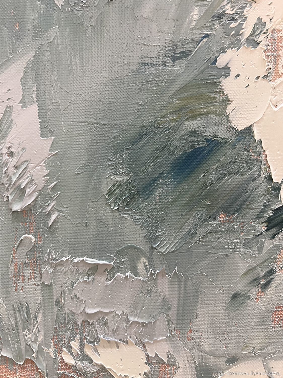 Вертикальная небольшая картина Коралловые пионы на сером и голубом в ...