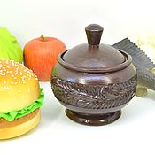 Large wooden salt cellar with lid and spoon