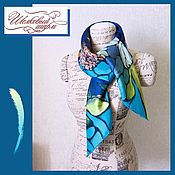 Большой платок шаль из шерсти с цветами Синий, шерсть мериноса