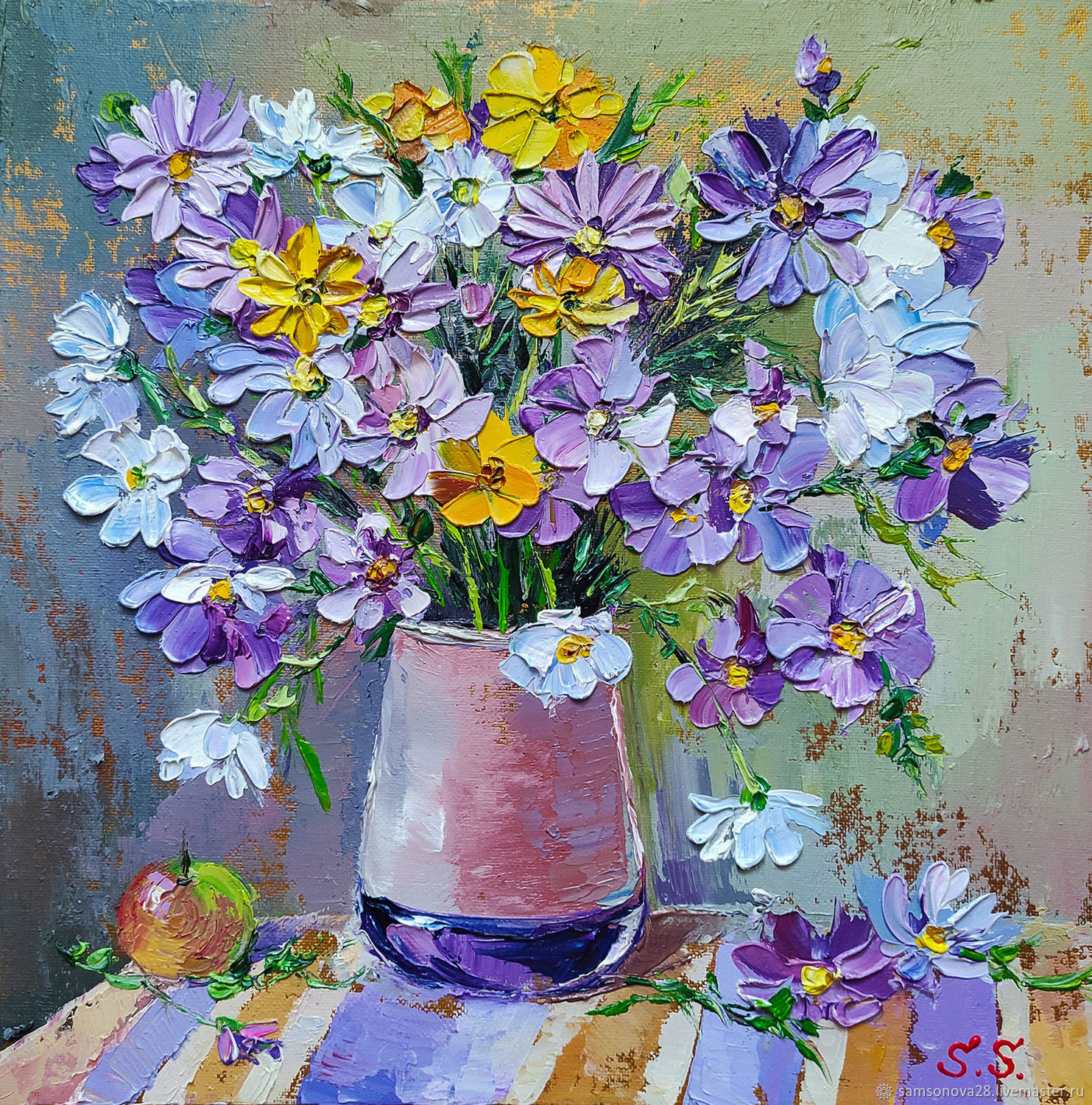 Painting bouquet of flowers of Cosmea 'Summer bouquet' in oil, Pictures, Samara,  Фото №1