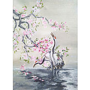 Картины и панно handmade. Livemaster - original item Picture: Crane and sakura. Japanese motifs.. Handmade.