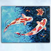 Картины и панно handmade. Livemaster - original item Painting with fish, koi carp in the pond, painting as a gift. Handmade.