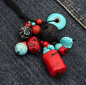 Украшения handmade. Livemaster - original item Coral pendant on linen thread-linen coral red black turquoise. Handmade.