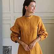 Одежда handmade. Livemaster - original item Mustard linen dress with a stand-up collar. Handmade.