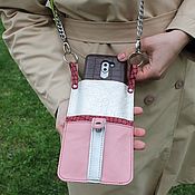 Сумки и аксессуары handmade. Livemaster - original item Leather Phone Case with Shoulder Strap Silver with Rose. Handmade.