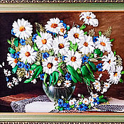 Picture Embroidered with ribbons Wild flowers in a can