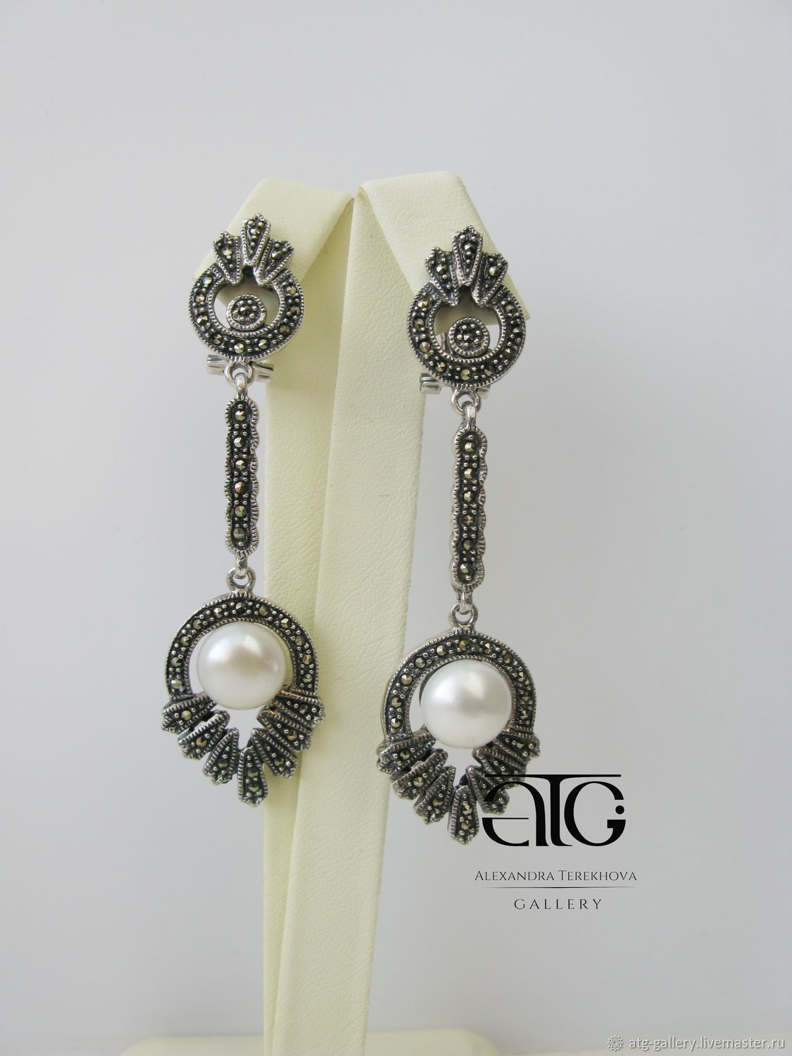 Earrings With Pearl And Marcasite 925 Sterling Silver Online Long Earrings With Natural Large Smooth White Freshwater Pearls Very Beautiful