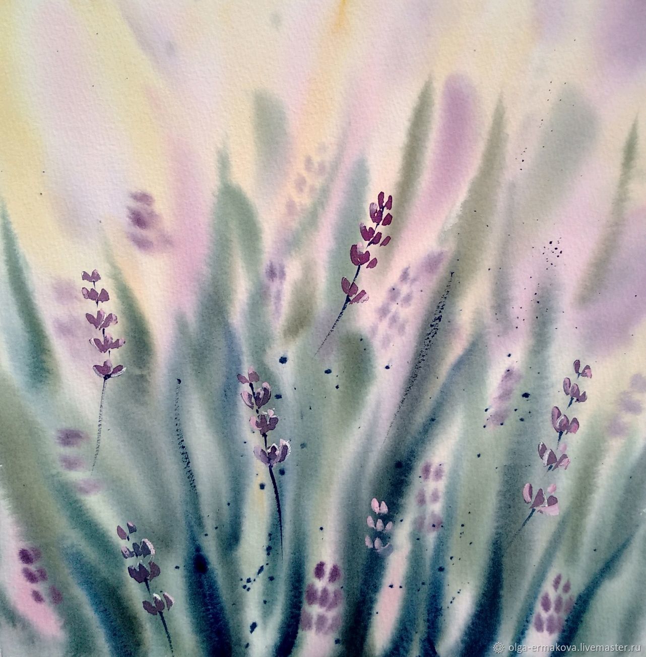 Painting with lavender watercolor flowers, spring. The picture Lavender field, Pictures, Moscow,  Фото №1
