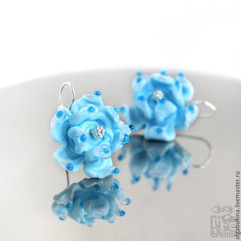 Earrings flowers Blue dew. Silver, lampwork glass. Air, Earrings, Moscow,  Фото №1