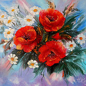 Картины и панно handmade. Livemaster - original item Flowers oil painting canvas Red poppies floral bouquet with camomile. Handmade.