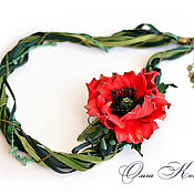 Украшения handmade. Livemaster - original item Flowers leather Choker transformer Red poppy on green beads with nephrite. Handmade.