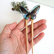 Украшения handmade. Livemaster - original item Wooden Ash Hairpin with Turquoise Butterfly Resin. Handmade.