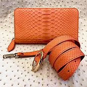Сумки и аксессуары handmade. Livemaster - original item Wallet with zipper belt made of genuine python leather, coral color. Handmade.