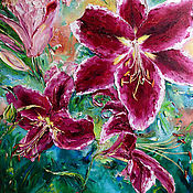 Картины и панно handmade. Livemaster - original item Oil painting with red lilies. Interior lilies for the corridor.. Handmade.