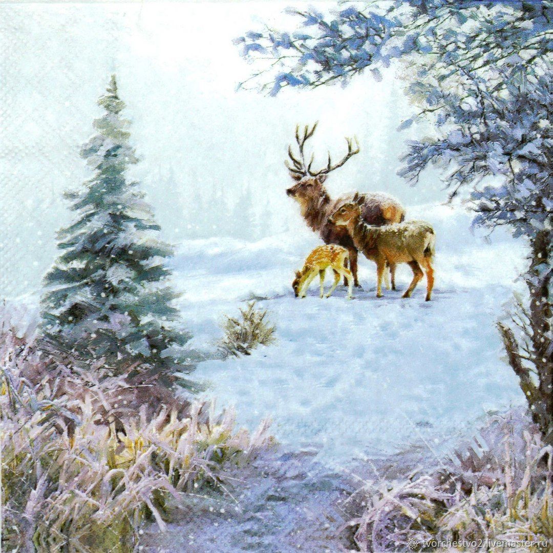 Рождественский пейзаж с оленями