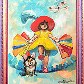 Картины и панно handmade. Livemaster - original item Pictures: A girl with a dog and shopping. Handmade.