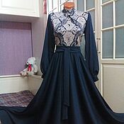 Штапельное платье в пол Горох 2 на темно-синем