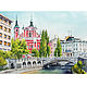 Любляна городской пейзаж, Словения картина акварелью, Картины, Москва,  Фото №1