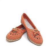 Обувь ручной работы handmade. Livemaster - original item Knitted ballet flats with button, orange cotton. Handmade.