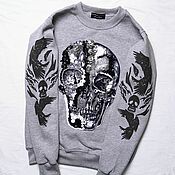 Одежда handmade. Livemaster - original item Sweatshirt sweatshirt with hand embroidery skull Monochrome custom. Handmade.