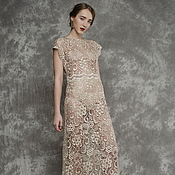 Одежда handmade. Livemaster - original item Evening dress in lace floor beige dressy short sleeved. Handmade.