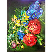 Картины и панно ручной работы. Ярмарка Мастеров - ручная работа Painting: rose and hyacinth flowers 