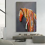 Картина маслом на заказ ручной работы с лошадьми Вороной конь