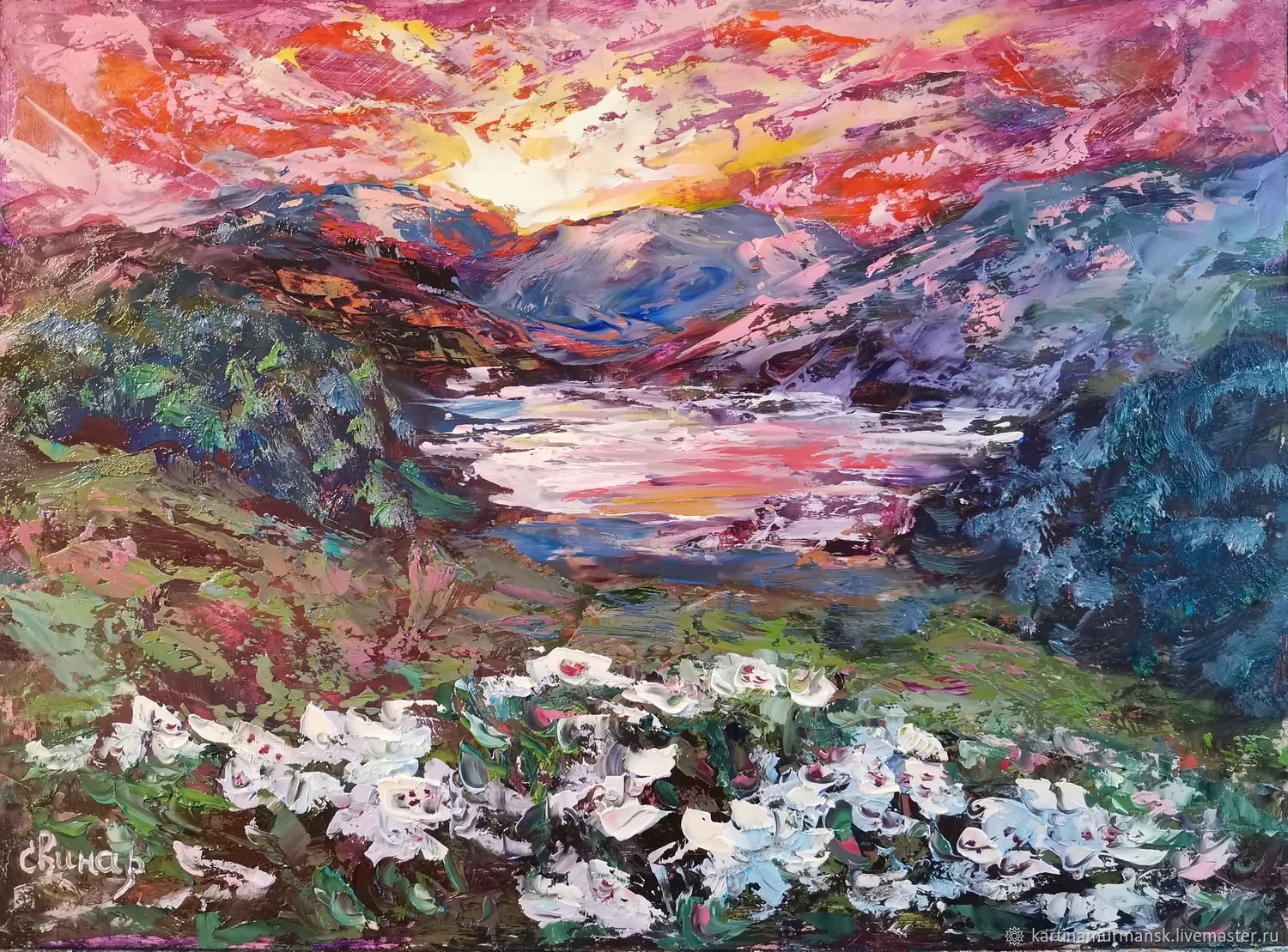 Картина горы озеро цветы закат "Жемчужные берега", Картины, Мурманск,  Фото №1