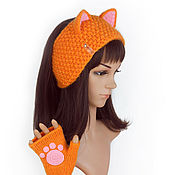 Аксессуары handmade. Livemaster - original item kit: Headband with Fox ears Knitted Mittens with paws. Handmade.