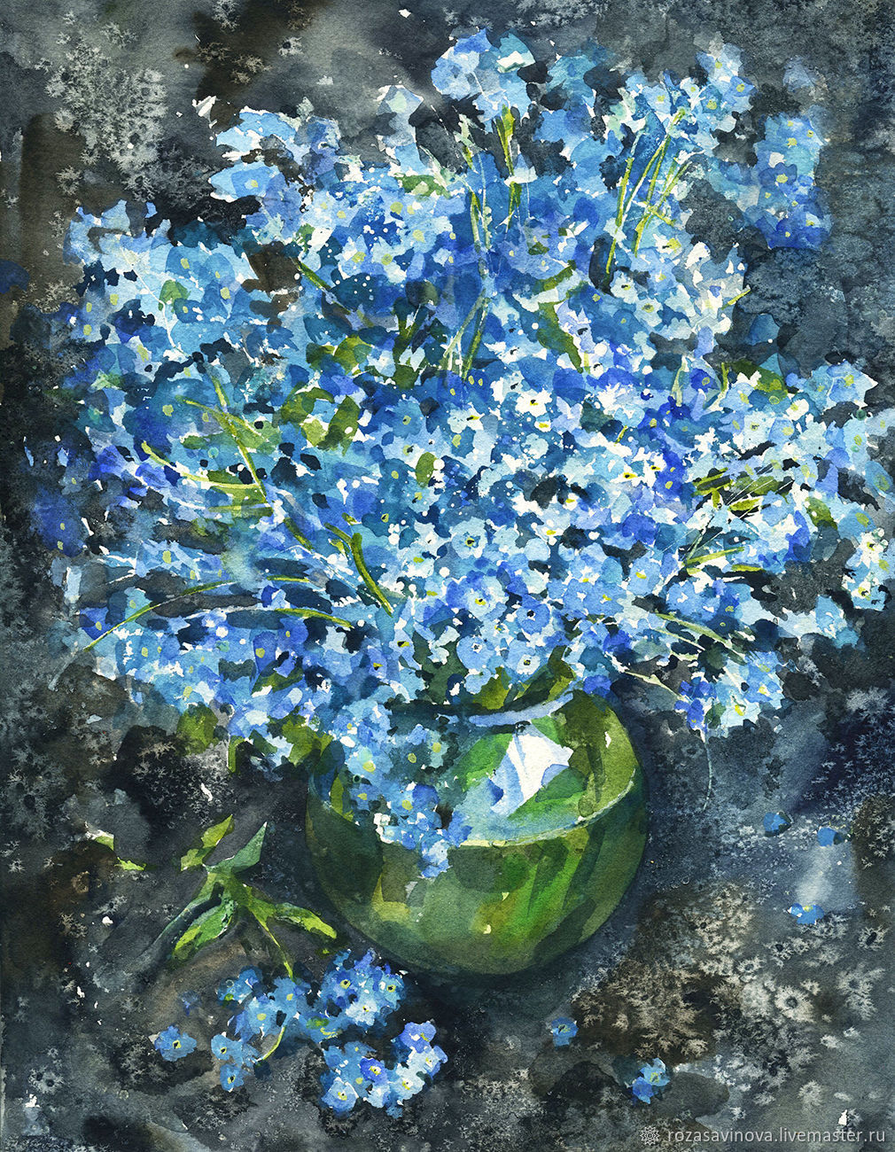 Forget-me-not Original Watercolor Painting Still life Small Flowers art Wall decor Pitcher with flowers painting Folk art Cottage decor
