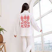 Одежда ручной работы. Ярмарка Мастеров - ручная работа Camisa de Lino blanco con bordado rojo estilo popular. Handmade.
