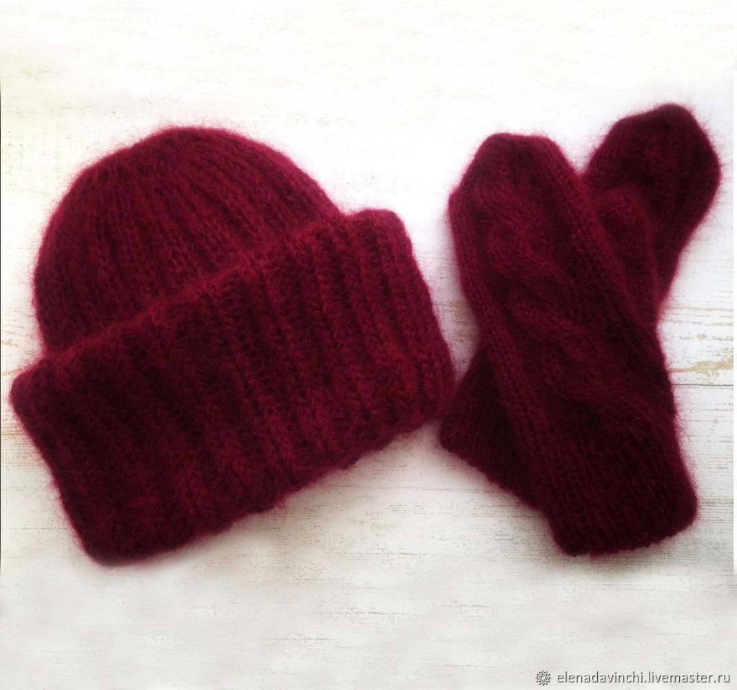 Hat and mittens knitted set 'Marsala', Mittens, Moscow,  Фото №1