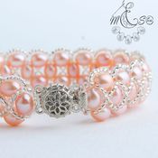 Комплект жемчужных украшений "Персиковый цвет" (браслет+серьги)