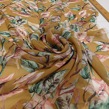 Материалы для творчества ручной работы. Ярмарка Мастеров - ручная работа Ткани: Шифон принт "Листья на горчичном". Handmade.