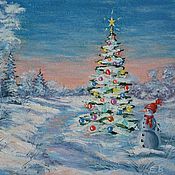 Картины и панно handmade. Livemaster - original item Picture miniature Christmas tree and snowman in the forest, 20h15, oil. Handmade.