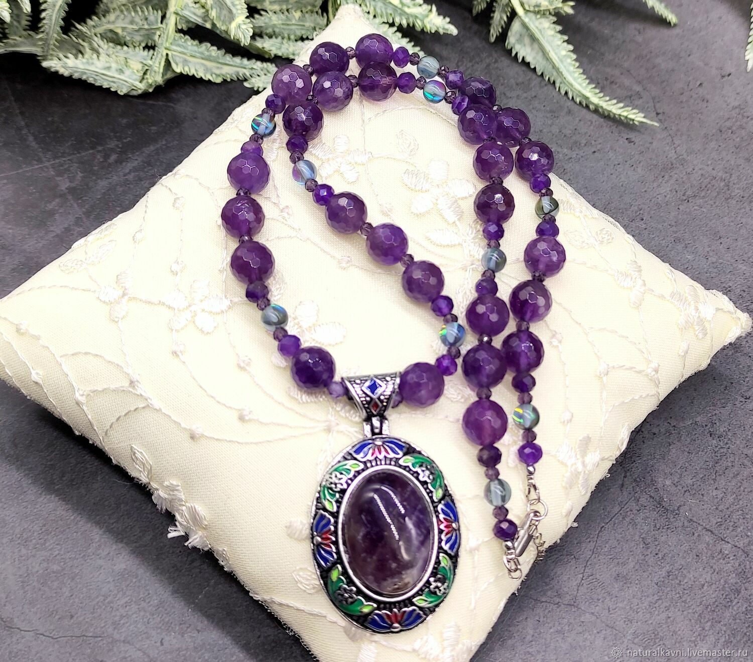 Колье /сотуар с подвеской натуральный аметист и синтетический опал ...