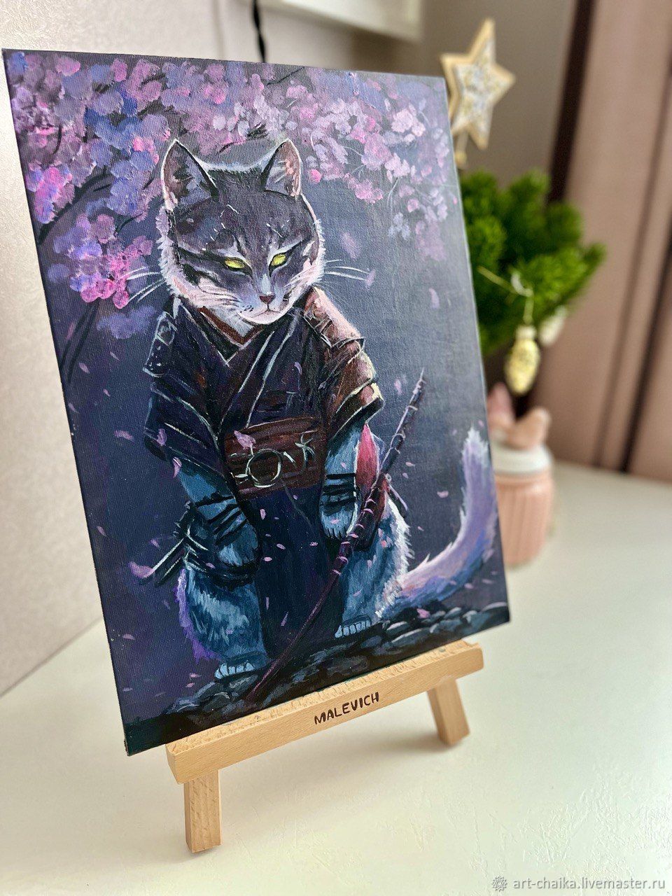 Картины: Кот-самурай в сакуре – купить онлайн на Ярмарке Мастеров ...