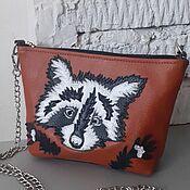 Сумки и аксессуары handmade. Livemaster - original item Leather bag. Clutch Mini Bag with applique Raccoon Red. Handmade.