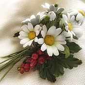 Украшения handmade. Livemaster - original item Leather flowers. Brooch hair clip WHITE DAISIES AND RED CURRANT. Handmade.
