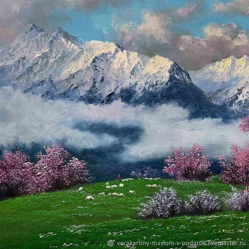 Картина маслом на заказ Цветение вишни Горный пейзаж Природа в интернет ...