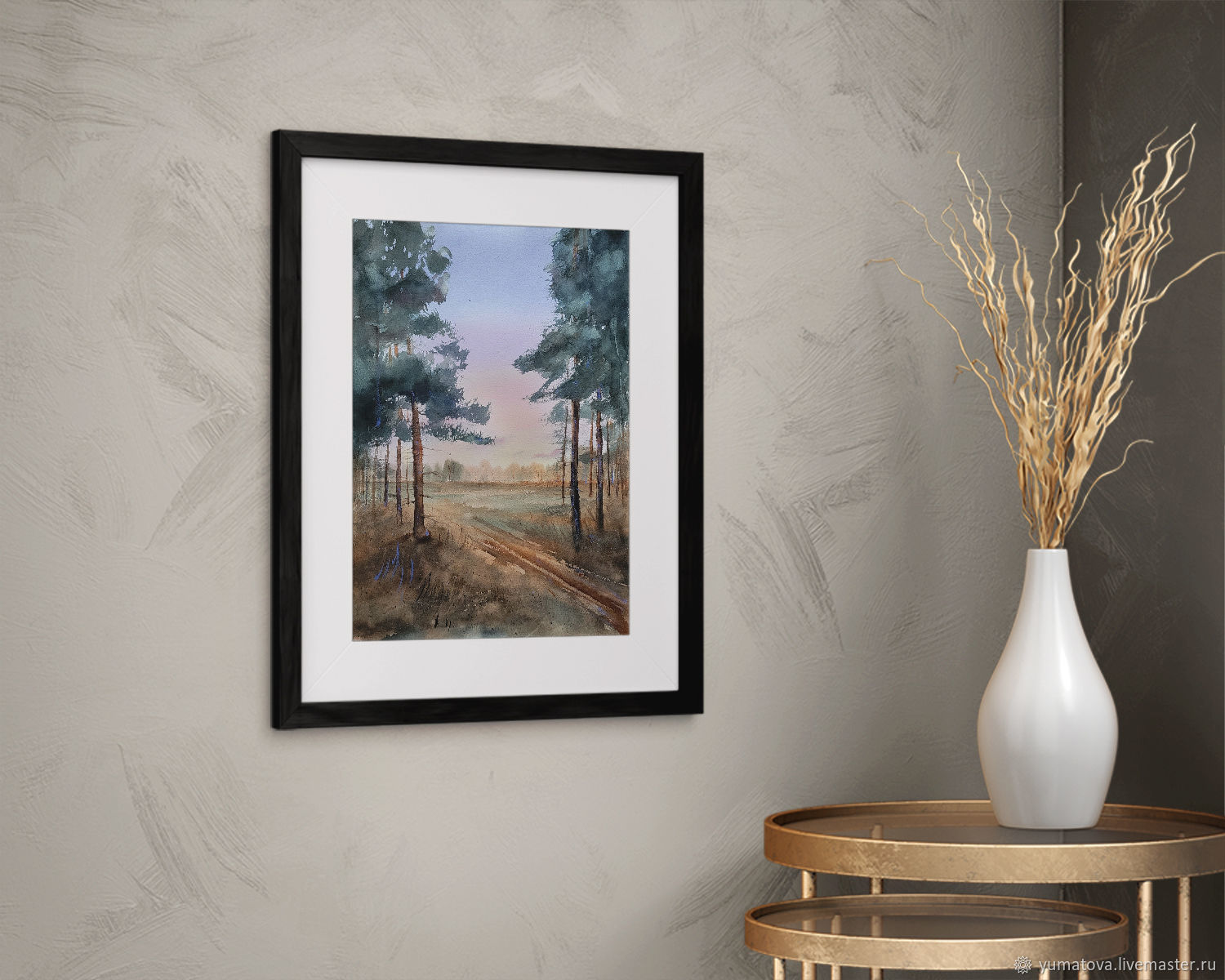 Картина с соснами, полем и красивым закатом акварелью в интернет ...